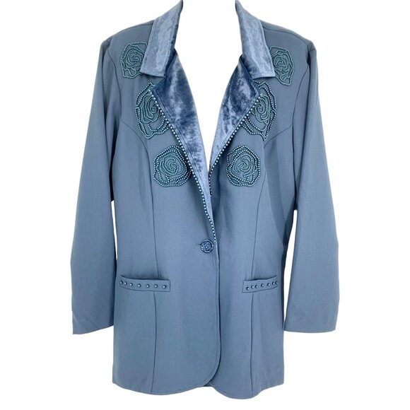 Vtg Lacy Afternoon Kepler Beaded Blazer L Light Blue Adjustable Back Pockets 80s - Picture 1 of 14